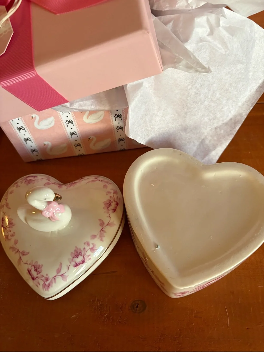 Porcelain Swan Heart Jewelry Trinket With Gift Box, Pink Floral Romantic Gift